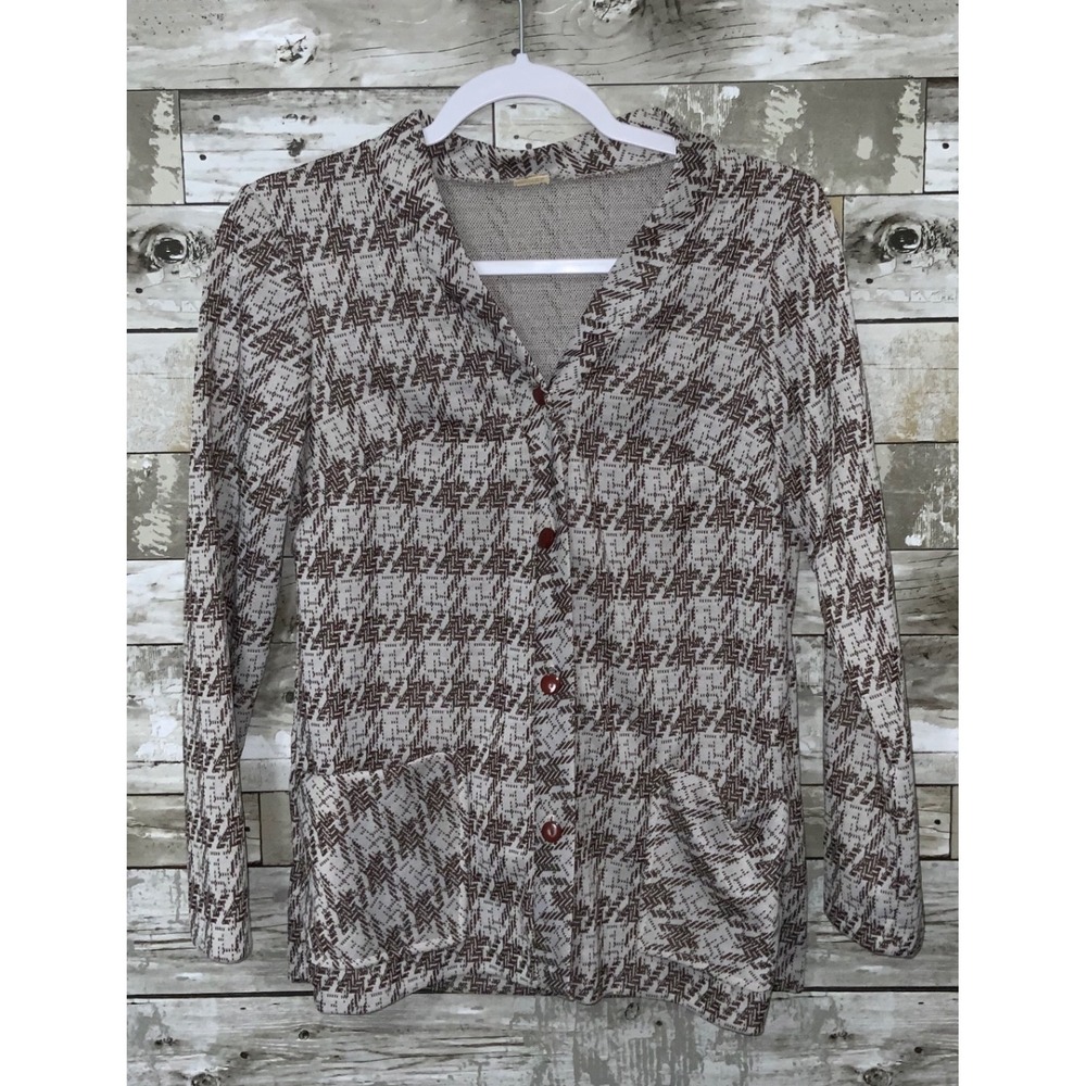 Vintage Womens Brown White Knit Cardigan Sweater Button‎ Front